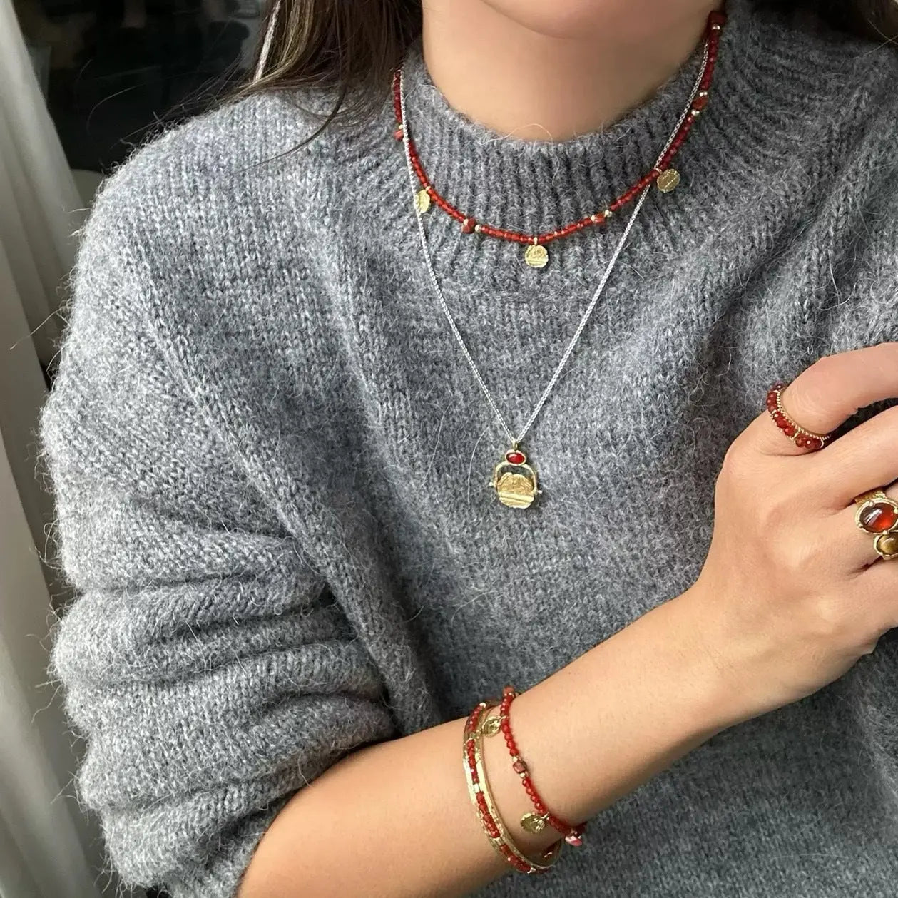 Red agate and Jasper collar necklace with coins Wander + Pray