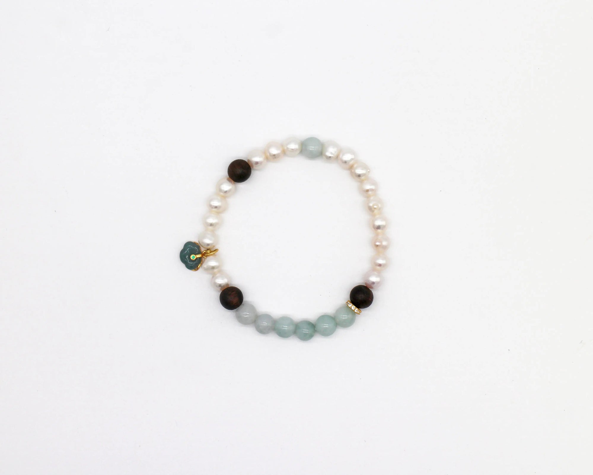 Jade and Pearl beaded bracelet with Sandalwood Wander + Pray