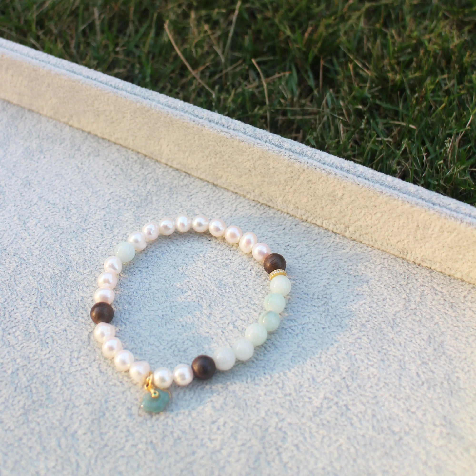 Jade and Pearl beaded bracelet with Sandalwood Wander + Pray