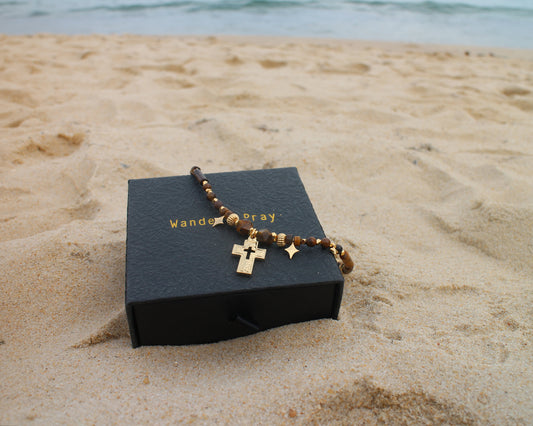 Tiger's eye necklace with gold cross Wander + Pray