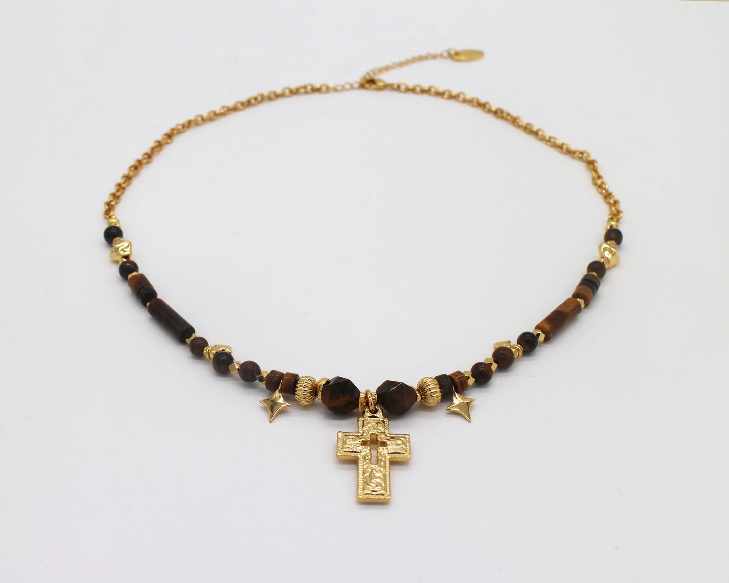 Tiger's eye necklace with gold cross Wander + Pray