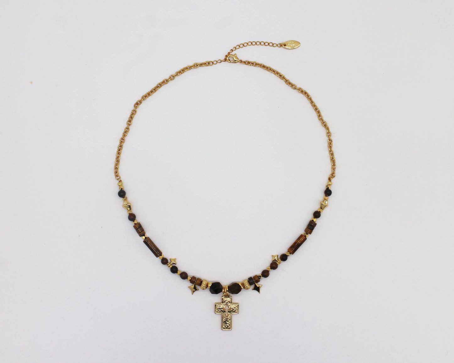 Tiger's eye necklace with gold cross Wander + Pray