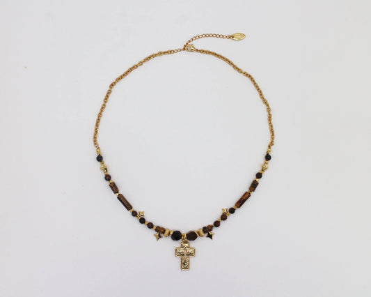 Tiger's eye necklace with gold cross Wander + Pray