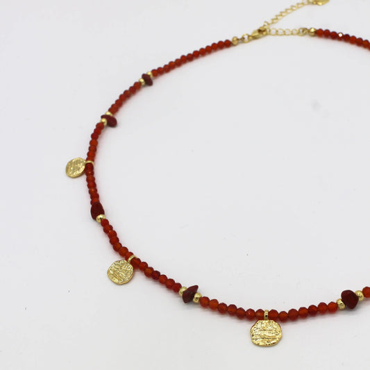 Red agate and Jasper collar necklace with coins Wander + Pray