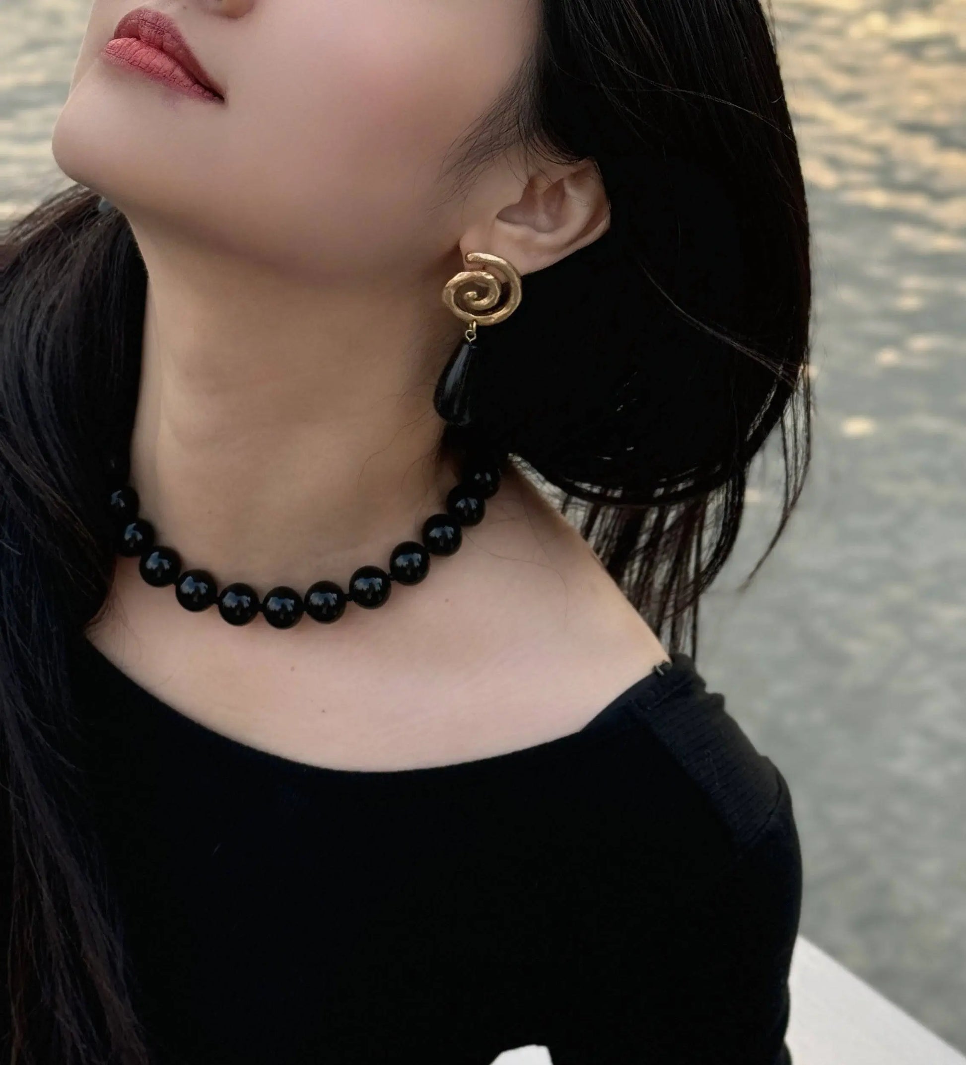 Black Drop Spiral Earring - Wander + Pray